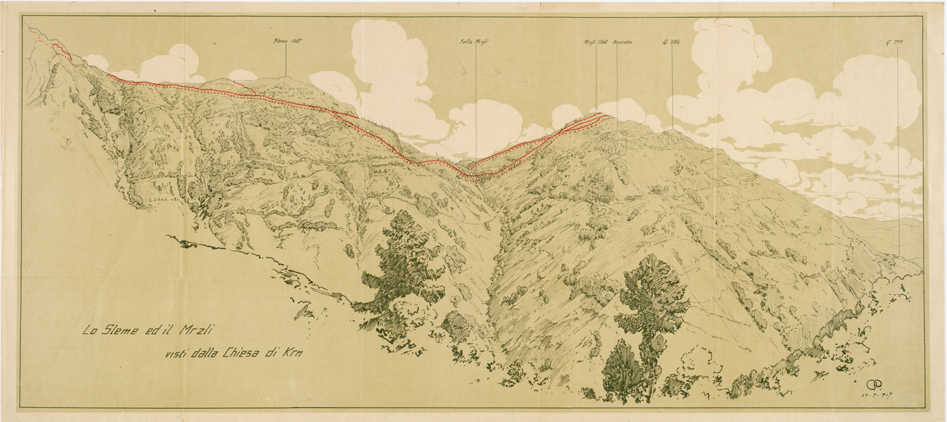 (N:8707) CENNI SULLA SISTEMAZIONE DIFENSIVA AUSTRIACA DELLA TESTA DI PONTE DI TOLMINO DAL REDUCI ROB (MONTE NERO) ALL'AVSCEK POTOK (AUZZA) - Schizzo panoramico n. 5 (B0005578) Carte e stampe antiche: riproduzione a colori su carta (formato A1)