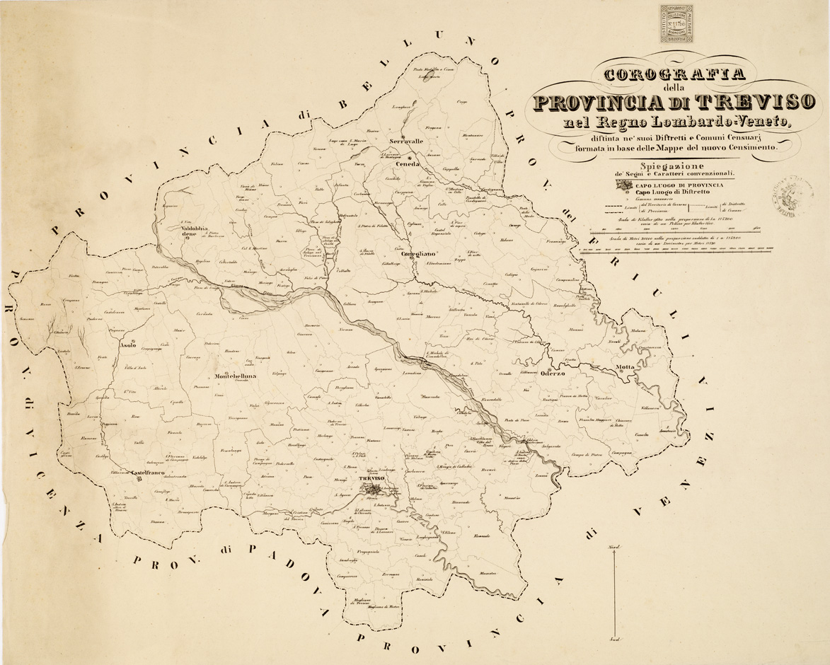 (N:9139) COROGRAFIE DELLE PROVINCIE DEL REGNO LOMBARDO - VENETO OGNUNA DELLE QUALI "DISTINTA NE' SUOI DISTRETTI E COMUNI CENSUARI, FORMATA IN BASE DELLE MAPPE DEL NUOVO CENSIMENTO" - Provincia di Treviso - Foglio 5 (B0005585) Carte e stampe antiche: riproduzione a colori su carta (formato A1)