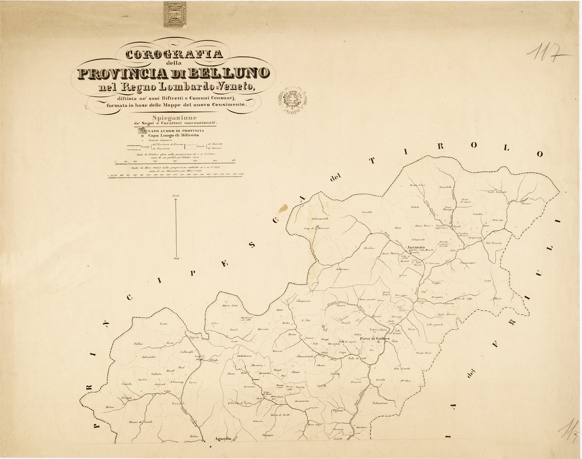 (N:9134) COROGRAFIE DELLE PROVINCIE DEL REGNO LOMBARDO - VENETO OGNUNA DELLE QUALI "DISTINTA NE' SUOI DISTRETTI E COMUNI CENSUARI, FORMATA IN BASE DELLE MAPPE DEL NUOVO CENSIMENTO". - Provincia di Belluno - Foglio 3(1) (B0005587) Carte e stampe antiche: riproduzione a colori su carta (formato A1)