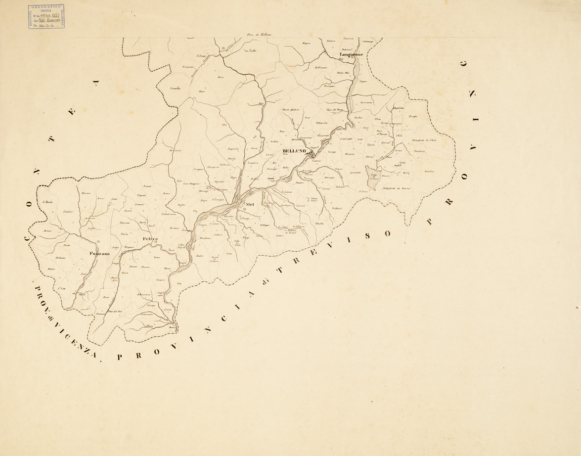 (N:9135) COROGRAFIE DELLE PROVINCIE DEL REGNO LOMBARDO - VENETO OGNUNA DELLE QUALI "DISTINTA NE' SUOI DISTRETTI E COMUNI CENSUARI, FORMATA IN BASE DELLE MAPPE DEL NUOVO CENSIMENTO". - Provincia di Belluno - Foglio 3(2) (B0005588) Carte e stampe antiche: riproduzione a colori su carta (formato A1)