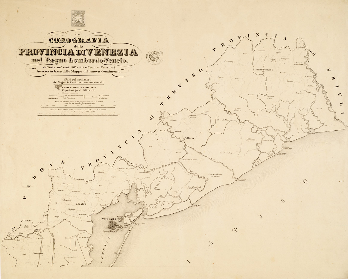 (N:9140) COROGRAFIE DELLE PROVINCIE DEL REGNO LOMBARDO - VENETO OGNUNA DELLE QUALI "DISTINTA NE' SUOI DISTRETTI E COMUNI CENSUARI, FORMATA IN BASE DELLE MAPPE DEL NUOVO CENSIMENTO".- Provincia di Venezia - Foglio 2(1) (B0005589) Carte e stampe antiche: riproduzione a colori su carta (formato A1)