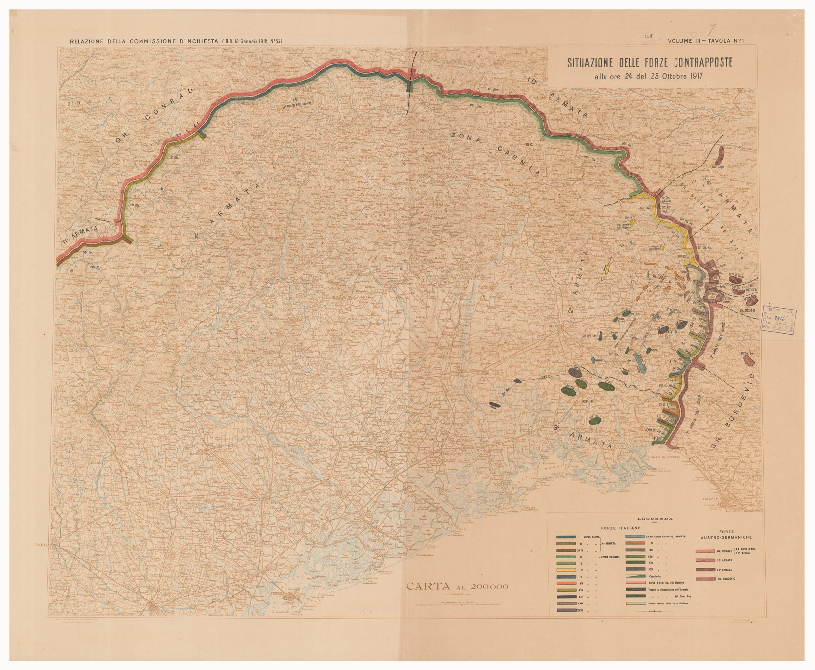 (N:15920) SITUAZIONE DELLE FORZE CONTRAPPOSTE DAL 23 OTTOBRE AL 9 NOVEMBRE DEL 1917 - Volume III Tavola 1 (B0005593) Carte e stampe antiche: riproduzione a colori su carta (formato A1)