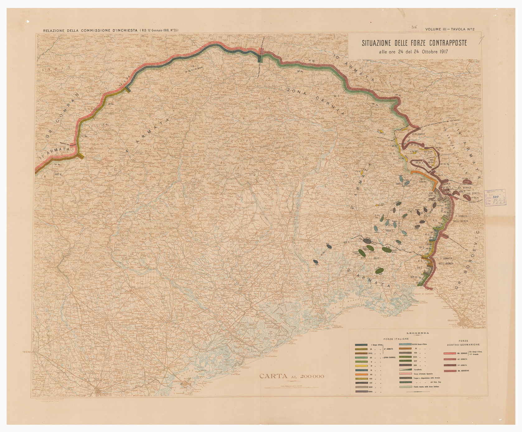 (N:15902) SITUAZIONE DELLE FORZE CONTRAPPOSTE DAL 23 OTTOBRE AL 9 NOVEMBRE DEL 1917- Volume III Tavola 2 (B0005595) Carte e stampe antiche: riproduzione a colori su carta (formato A1)