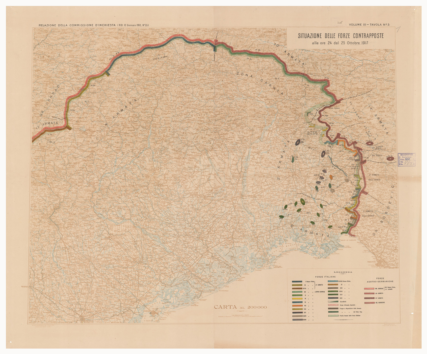 (N:15906) SITUAZIONE DELLE FORZE CONTRAPPOSTE DAL 23 OTTOBRE AL 9 NOVEMBRE DEL 1917 - Volume III Tavola 3 (B0005597) Carte e stampe antiche: riproduzione a colori su carta (formato A1)