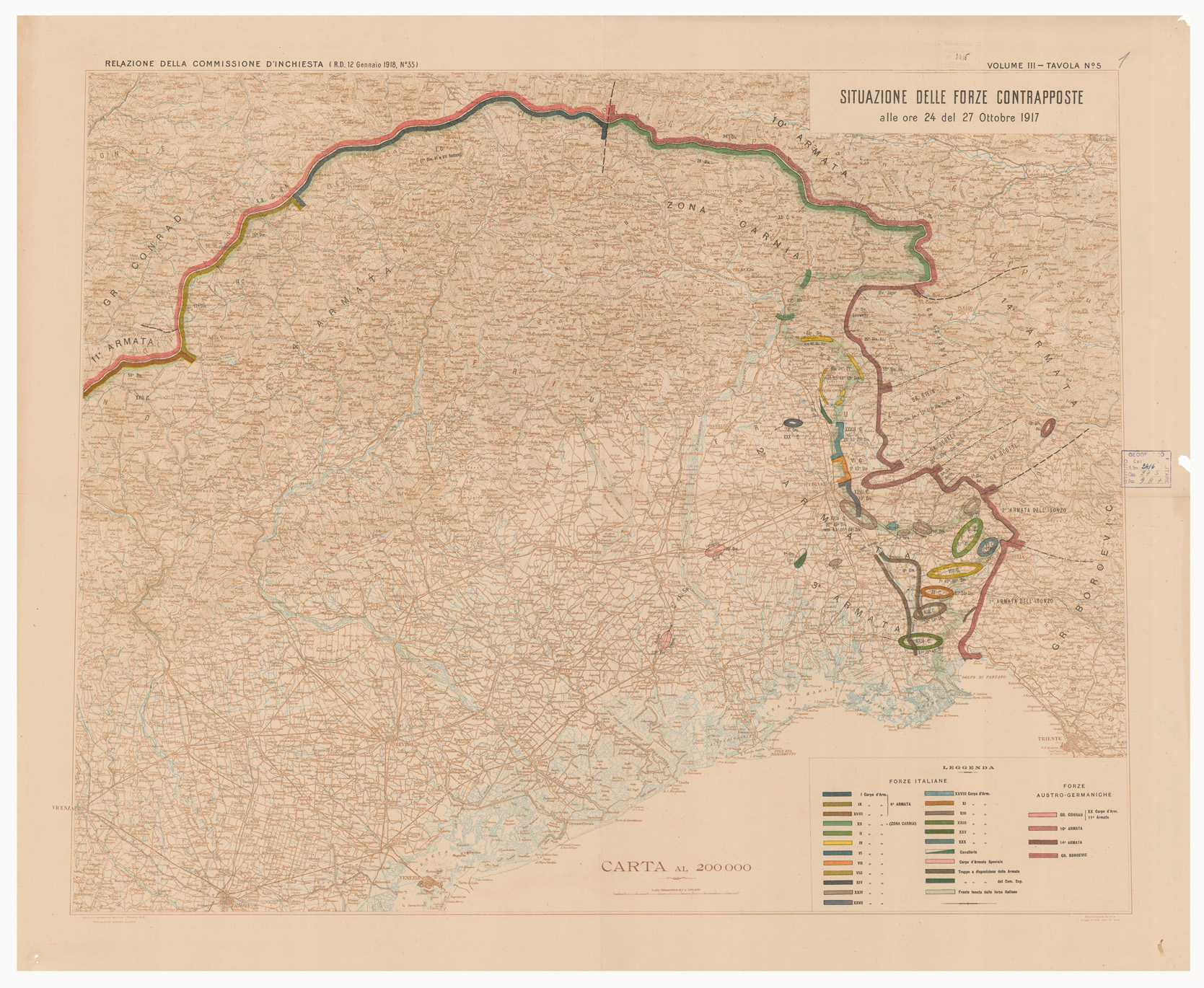 (N:15910) SITUAZIONE DELLE FORZE CONTRAPPOSTE DAL 23 OTTOBRE AL 9 NOVEMBRE DEL 1917- Volume III Tavola 5 (B0005601) Carte e stampe antiche: riproduzione a colori su carta (formato A1)