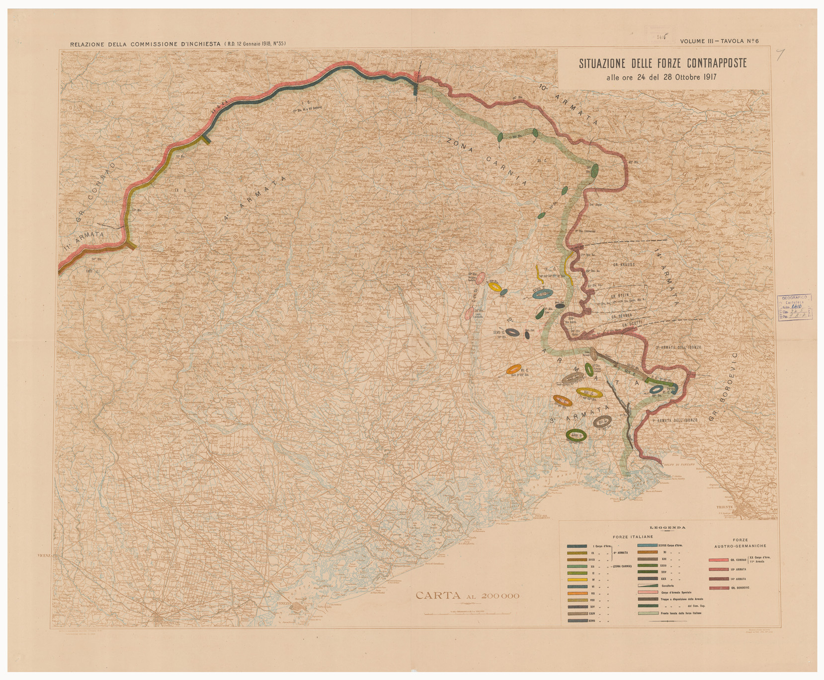 (N:15912) SITUAZIONE DELLE FORZE CONTRAPPOSTE DAL 23 OTTOBRE AL 9 NOVEMBRE DEL 1917 - Volume III Tavola 6 (B0005603) Carte e stampe antiche: riproduzione a colori su carta (formato A1)