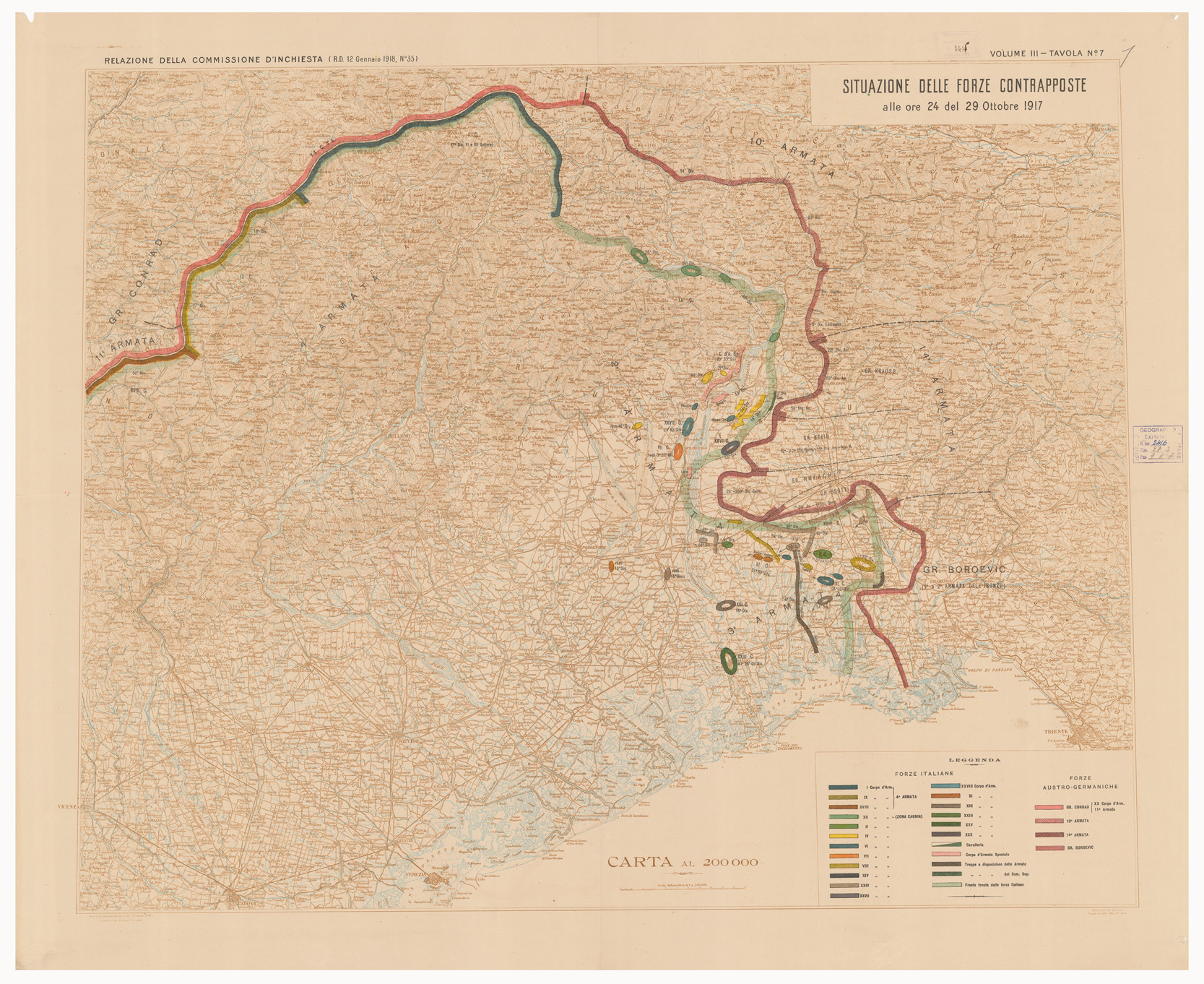 (N:15914) SITUAZIONE DELLE FORZE CONTRAPPOSTE DAL 23 OTTOBRE AL 9 NOVEMBRE DEL 1917 - Volume III Tavola 7 (B0005605) Carte e stampe antiche: riproduzione a colori su carta (formato A1)