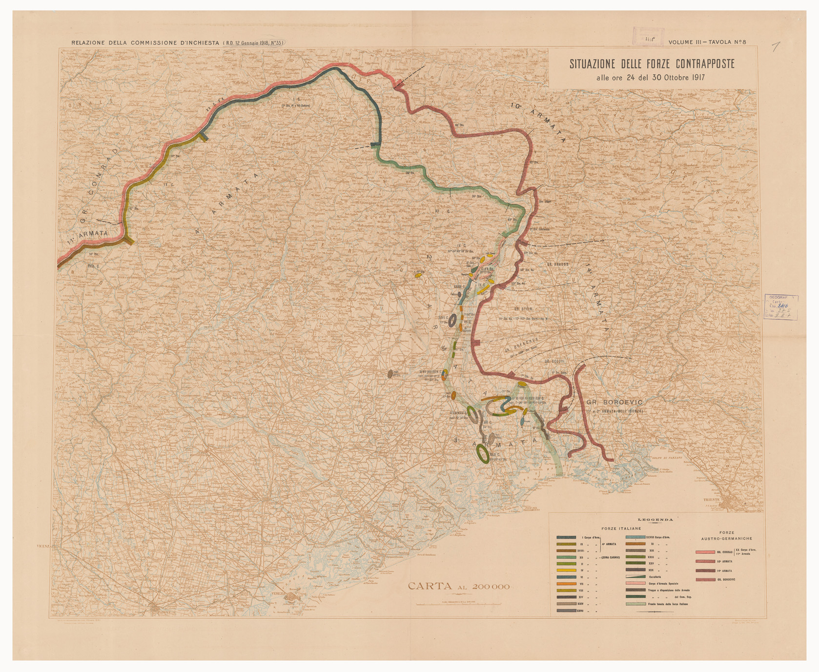(N:15916) SITUAZIONE DELLE FORZE CONTRAPPOSTE DAL 23 OTTOBRE AL 9 NOVEMBRE DEL 1917 - Volume III Tavola 8 (B0005607) Carte e stampe antiche: riproduzione a colori su carta (formato A1)