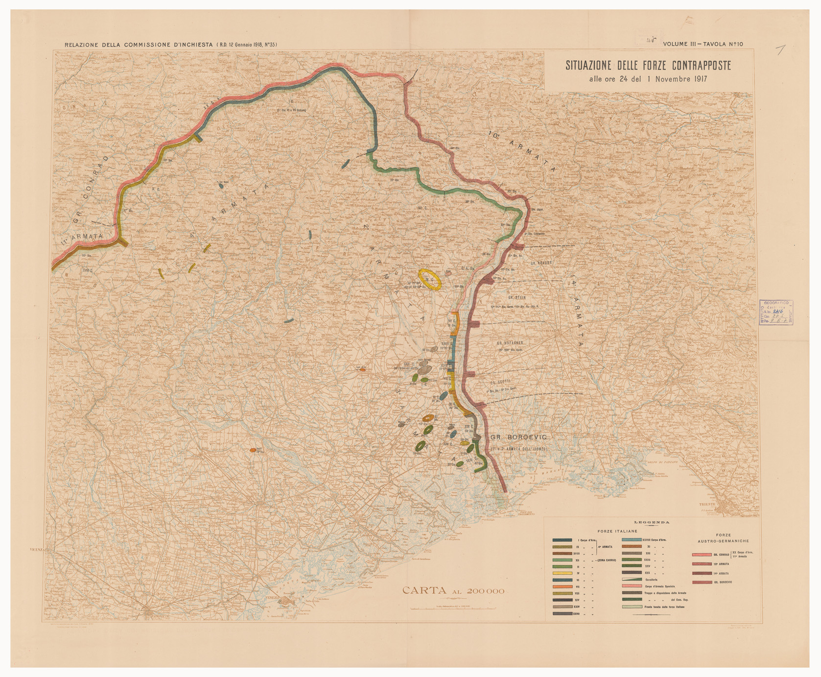 (N:15882) SITUAZIONE DELLE FORZE CONTRAPPOSTE DAL 23 OTTOBRE AL 9 NOVEMBRE DEL 1917 - Volume III Tavola 10 (B0005611) Carte e stampe antiche: riproduzione a colori su carta (formato A1)