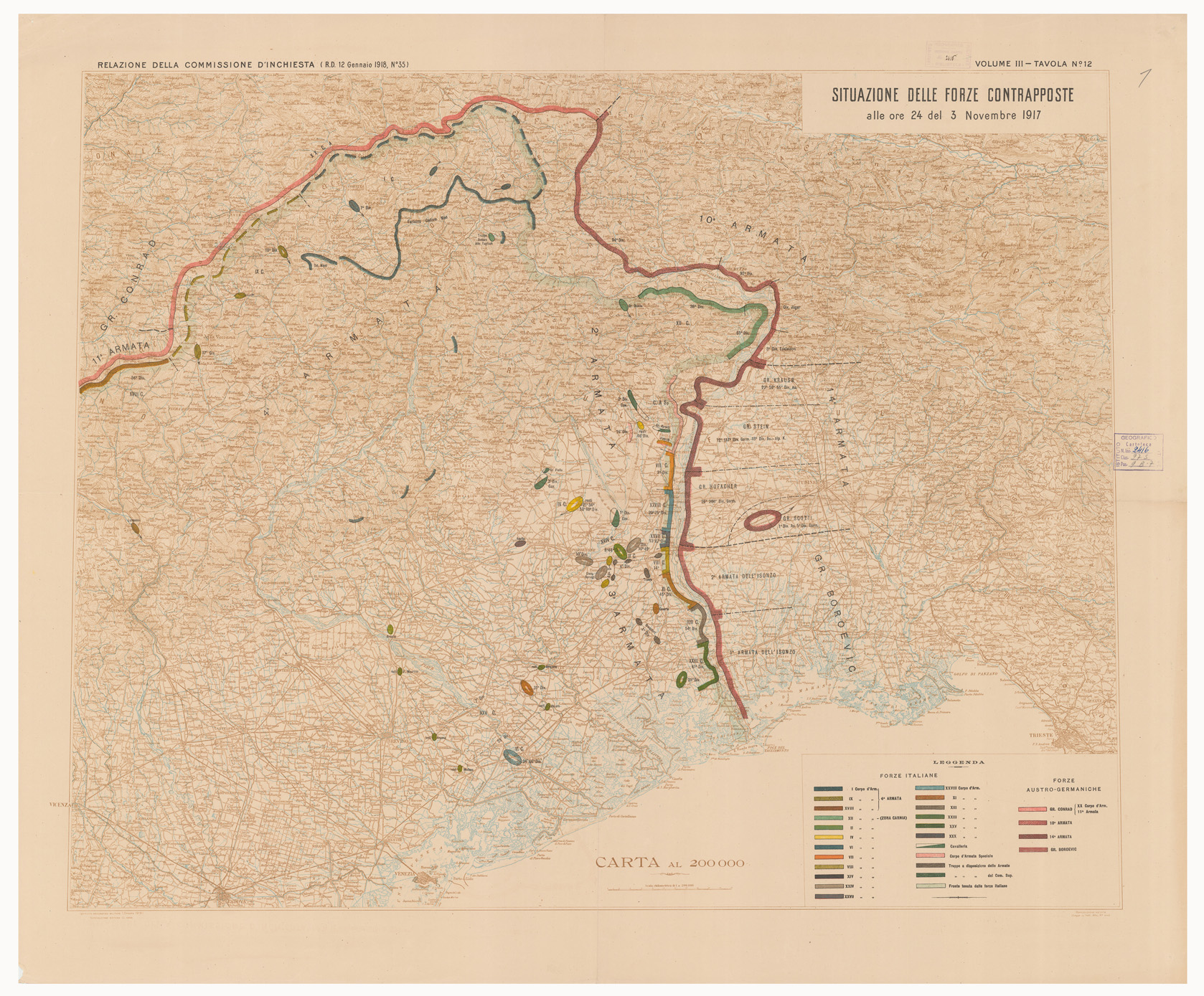 (N:15886) SITUAZIONE DELLE FORZE CONTRAPPOSTE DAL 23 OTTOBRE AL 9 NOVEMBRE DEL 1917 - Volume III Tavola 12 (B0005615) Carte e stampe antiche: riproduzione a colori su carta (formato A1)