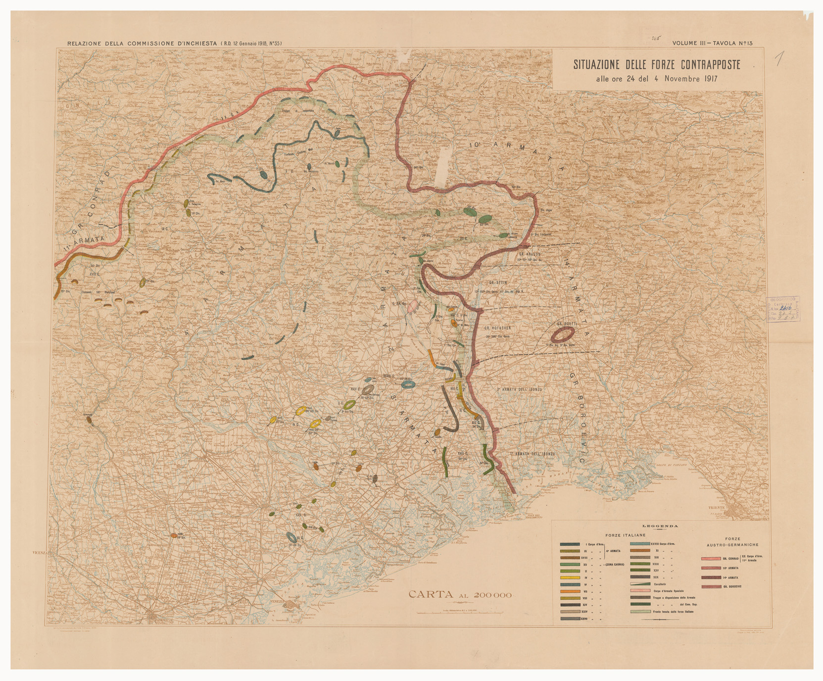 (N:15888) SITUAZIONE DELLE FORZE CONTRAPPOSTE DAL 23 OTTOBRE AL 9 NOVEMBRE DEL 1917 - Volume III Tavola 13 (B0005617) Carte e stampe antiche: riproduzione a colori su carta (formato A1)