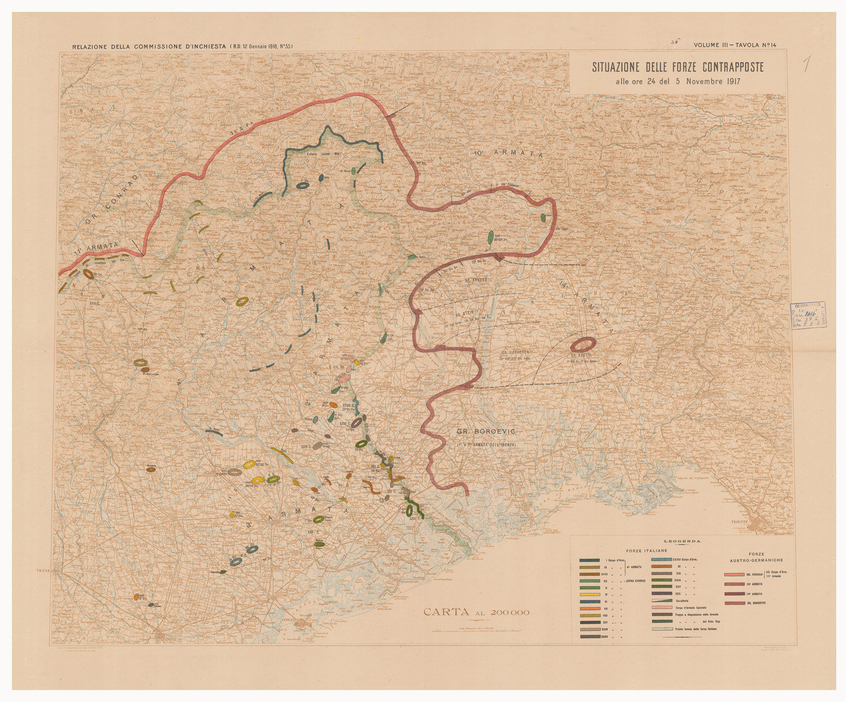 (N:15890) SITUAZIONE DELLE FORZE CONTRAPPOSTE DAL 23 OTTOBRE AL 9 NOVEMBRE DEL 1917 - Volume III Tavola 14 (B0005619) Carte e stampe antiche: riproduzione a colori su carta (formato A1)