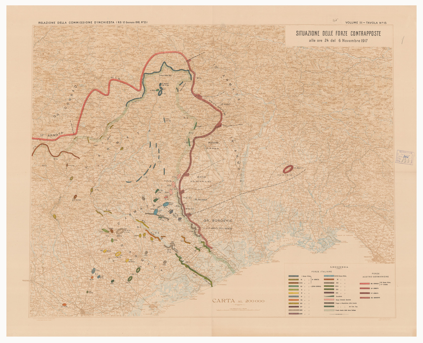 (N:15892) SITUAZIONE DELLE FORZE CONTRAPPOSTE DAL 23 OTTOBRE AL 9 NOVEMBRE DEL 1917 - Volume III Tavola 15 (B0005621) Carte e stampe antiche: riproduzione a colori su carta (formato A1)