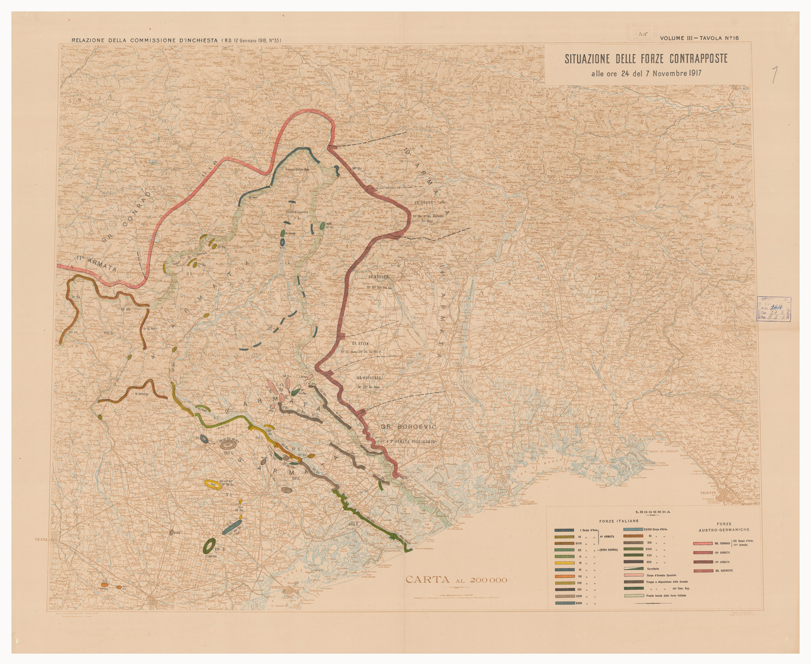 (N:15894) SITUAZIONE DELLE FORZE CONTRAPPOSTE DAL 23 OTTOBRE AL 9 NOVEMBRE DEL 1917 - Volume III Tavola 16 (B0005623) Carte e stampe antiche: riproduzione a colori su carta (formato A1)