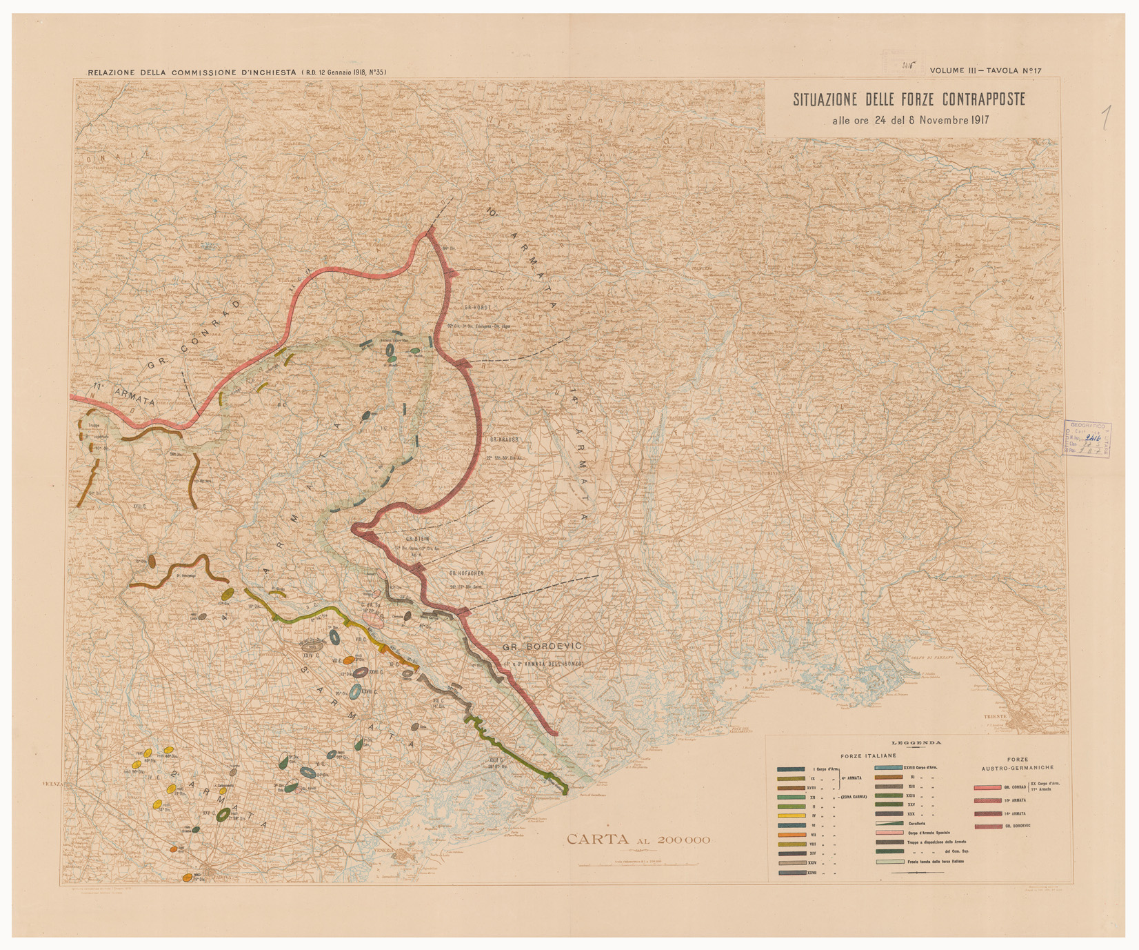 (N:15896) SITUAZIONE DELLE FORZE CONTRAPPOSTE DAL 23 OTTOBRE AL 9 NOVEMBRE DEL 1917 - Volume III Tavola 17 (B0005625) Carte e stampe antiche: riproduzione a colori su carta (formato A1)