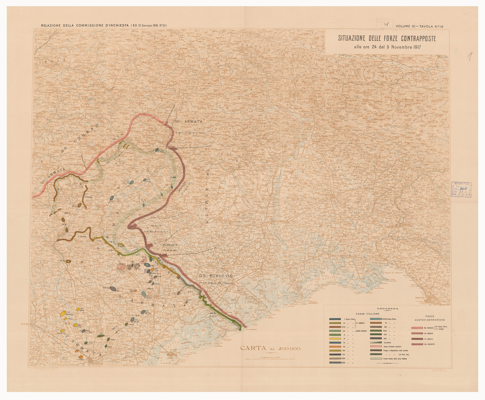 (N:15898) SITUAZIONE DELLE FORZE CONTRAPPOSTE DAL 23 OTTOBRE AL 9 NOVEMBRE DEL 1917 - Volume III Tavola 18 (B0005627) Carte e stampe antiche: riproduzione a colori su carta (formato A1)