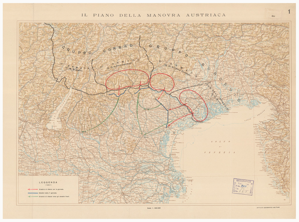 (N:9624) DISLOCAZIONE DELLE FORZE CONTRAPPOSTE SULLA FRONTE DI BATTAGLIA ALL'ALBA DEL 15 GIUGNO 1918 - Foglio 1 - IL PIANO DELLA MANOVRA AUSTRIACA (B0005641) Carte e stampe antiche: riproduzione a colori su carta (formato A1)