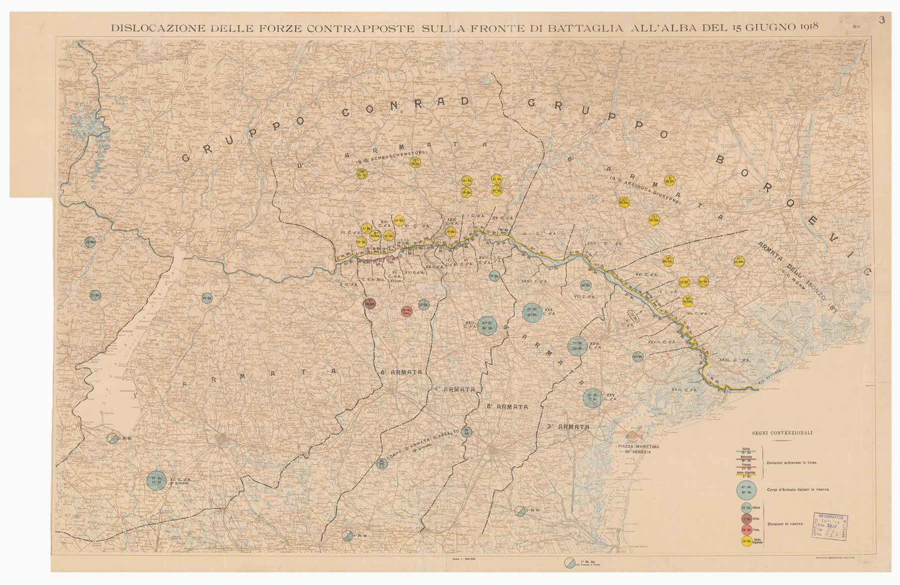 (N:9626) DISLOCAZIONE DELLE FORZE CONTRAPPOSTE SULLA FRONTE DI BATTAGLIA ALL'ALBA DEL 15 GIUGNO 1918 - Foglio 3
 (B0005643) Carte e stampe antiche: riproduzione a colori su carta (formato A1)