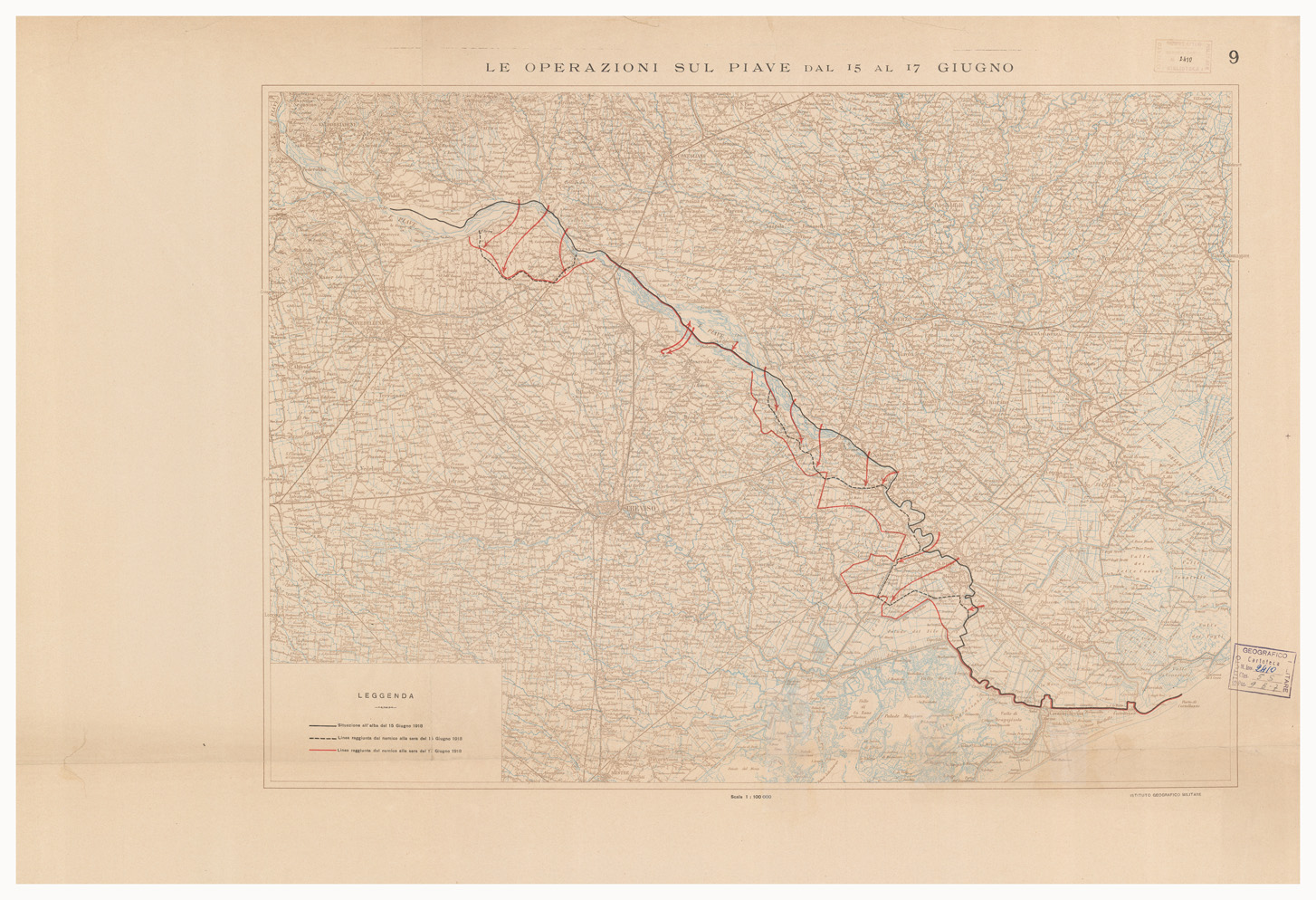 (N:9633) DISLOCAZIONE DELLE FORZE CONTRAPPOSTE SULLA FRONTE DI BATTAGLIA ALL'ALBA  DEL 15 GIUGNO 1918 - Foglio 9 - LE OPERAZIONI SUL PIAVE DEL 15 AL 17 GIUGNO
 (B0005650) Carte e stampe antiche: riproduzione a colori su carta (formato A1)