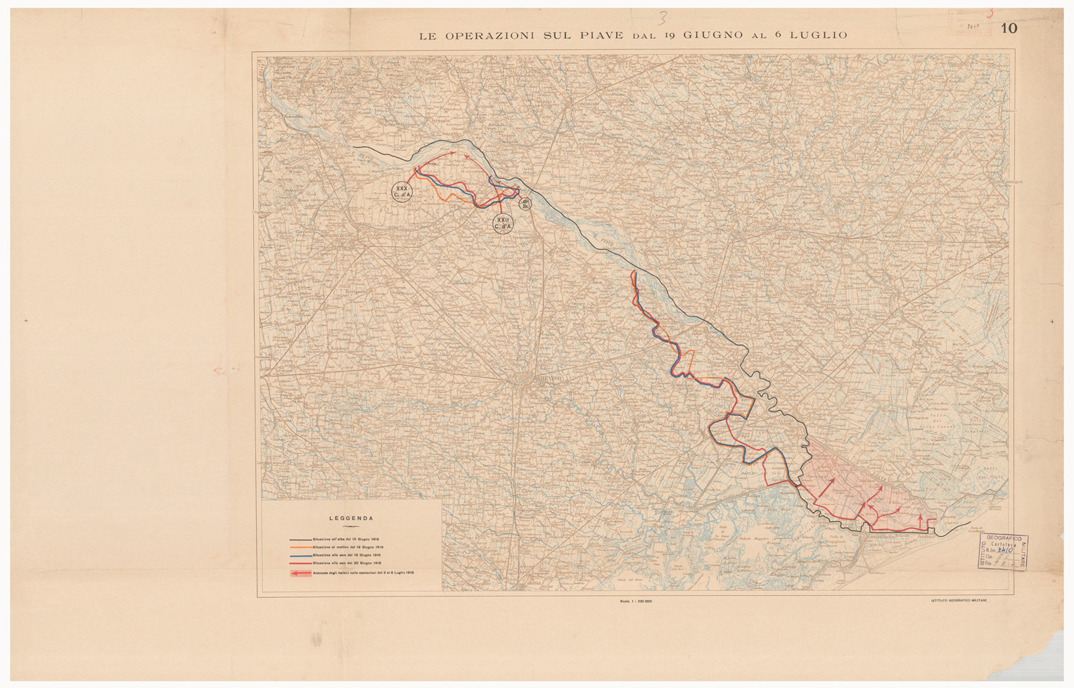 (N:9634) DISLOCAZIONE DELLE FORZE CONTRAPPOSTE SULLA FRONTE DI BATTAGLIA ALL'ALBA  DEL 15 GIUGNO 1918 - Foglio 10 - LE OPERAZIONI SUL PIAVE DAL 19 GIUGNO AL 6 LUGLIO
 (B0005651) Carte e stampe antiche: riproduzione a colori su carta (formato A1)