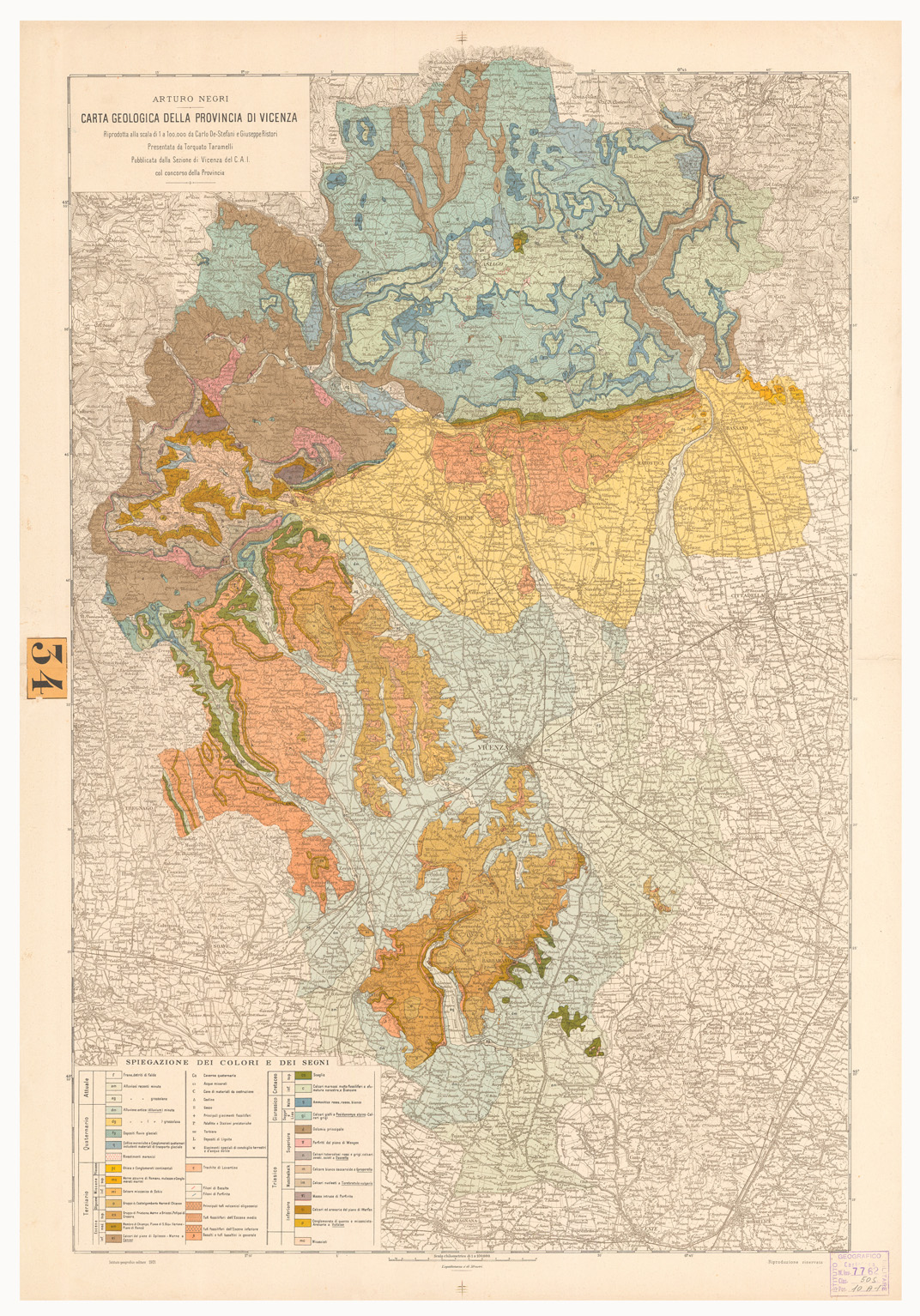 (N:5270) CARTA GEOLOGICA DELLA PROVINCIA DI VICENZA (B0005668) Carte e stampe antiche: riproduzione a colori su carta (formato A1)