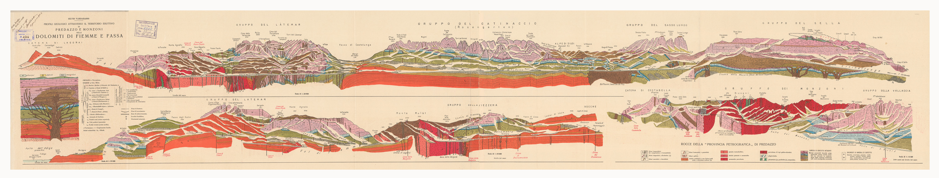 (N:14212) PROFILI GEOLOGICI SOPRA IL TERRITORIO ERUTTIVO DI PREDAZZO E MONZONI NELLE DOLOMITI DI FIEMME E FASSA (B0005673) Carte e stampe antiche: riproduzione a colori su carta (formato A1)