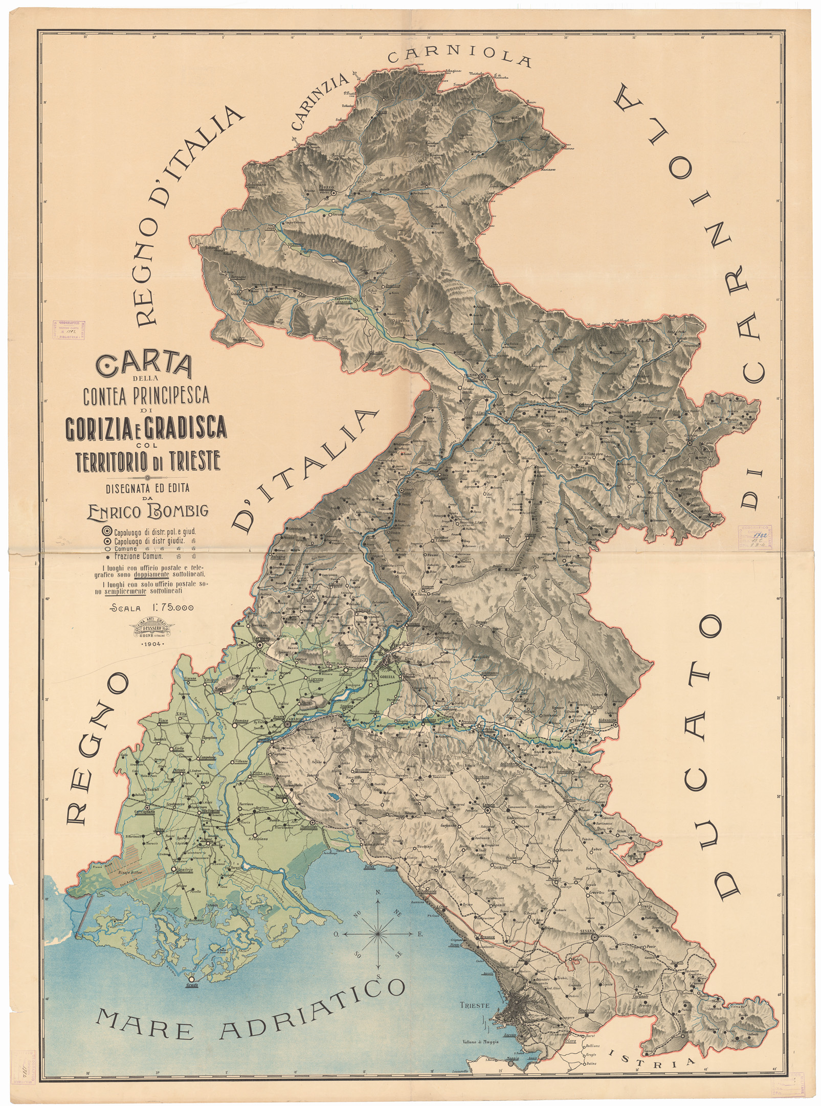 (N:3083) CARTA DELLA CONTEA PRINCIPESCA DI GORIZIA E GRADISCA COL TERRITORIO DI TRIESTE DISEGNATA ED EDITA DA ENRICO BOMBIG. (B0005720) Carte e stampe antiche: riproduzione a colori su carta (formato A1)