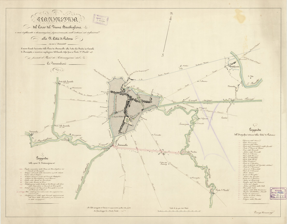 (N:14086) PLANIMETRIA DEL CORSO DEL FIUME BACCHIGLIONE E SUOI INFLUENTI E DIRAMAZIONI SUPERIORMENTE, NELL'INTERNO, ED INFERIORMENTE ALLA R. CITTA' DI PADOVA... (B0005767) Carte e stampe antiche: riproduzione a colori su carta (formato A1)