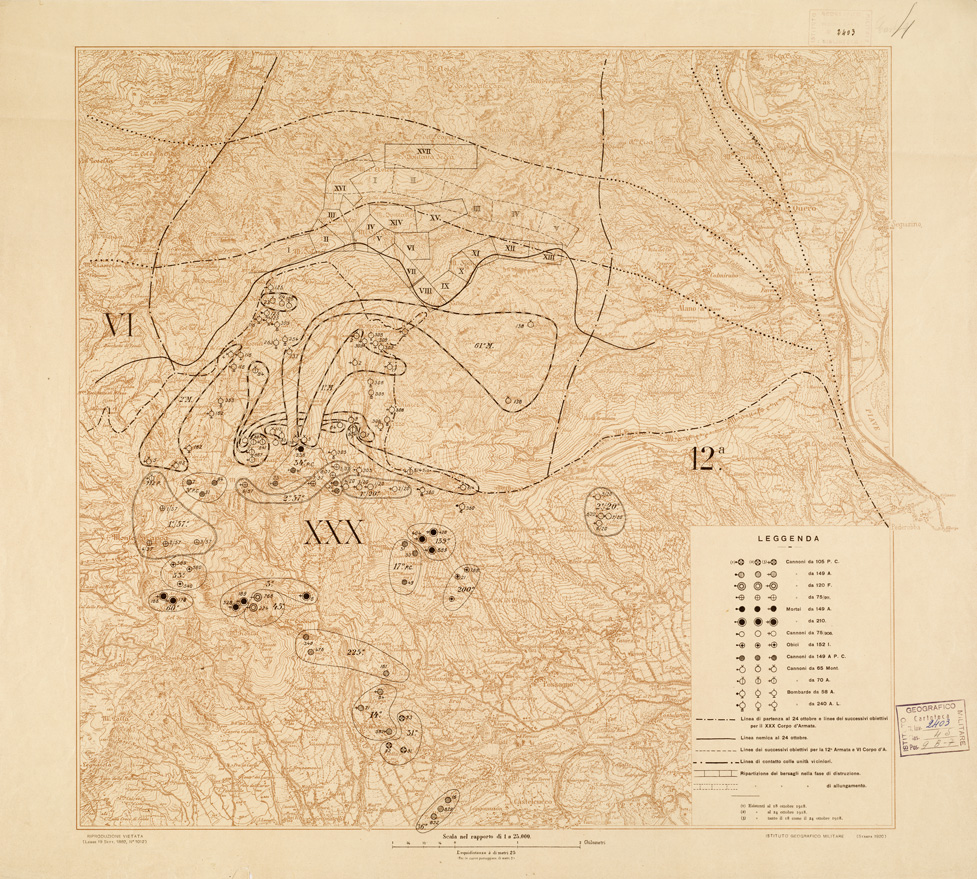 (N:12909) MONTE GRAPPA - POSIZIONE DELLE VARIE ARTIGLIERIE ESISTENTINDAL 18 AL 24 OTTOBRE 1918 (B0005910) Carte e stampe antiche: riproduzione a colori su carta (formato A1)