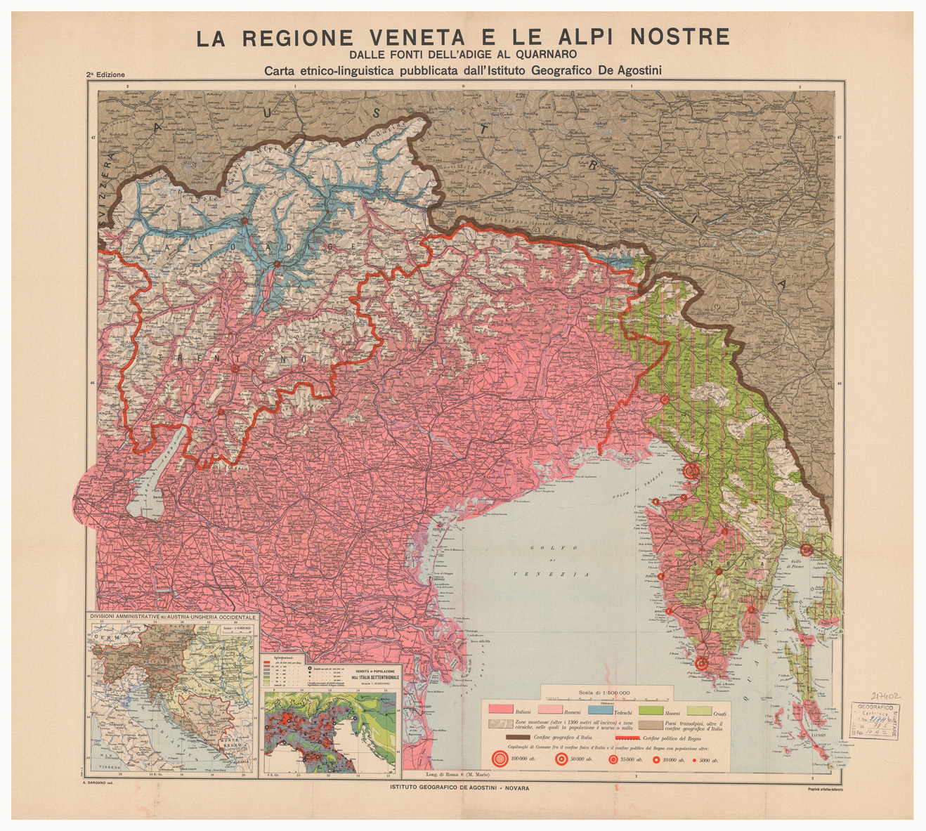 (N:11280) LA REGIONE VENETA E LE ALPI NOSTRE - DALL'ADIGE AL QUARNARO - CARTA ETNICO LINGUISTICA - 2a edizione (B0005938, B0005940, B0005941) Carte e stampe antiche: riproduzione a colori su carta (formato A1)