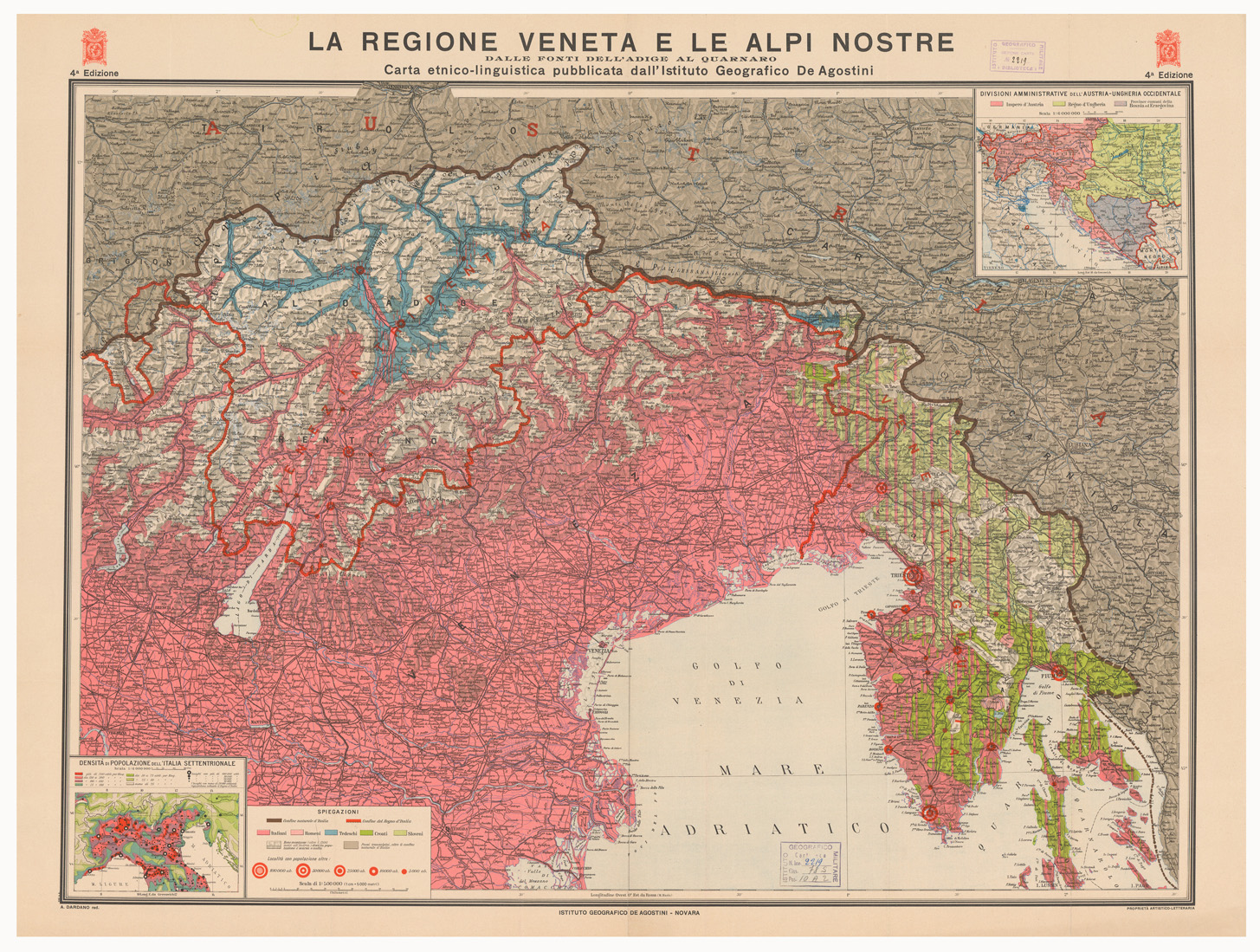 (N:11290) LA REGIONE VENETA E LE ALPI NOSTRE - DALL'ADIGE AL QUARNARO - CARTA ETNICO LINGUISTICA - 4a edizione (B0005942, B0005944, B0005945) Carte e stampe antiche: riproduzione a colori su carta (formato A1)