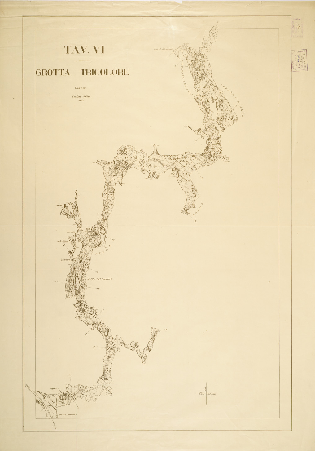 (N:14099) PLANIMETRIA DELLE R.R. GROTTE DI POSTUMIA - Tavola VI - GROTTA TRICOLORE (B0006009) Carte e stampe antiche: riproduzione a colori su carta (formato A1)