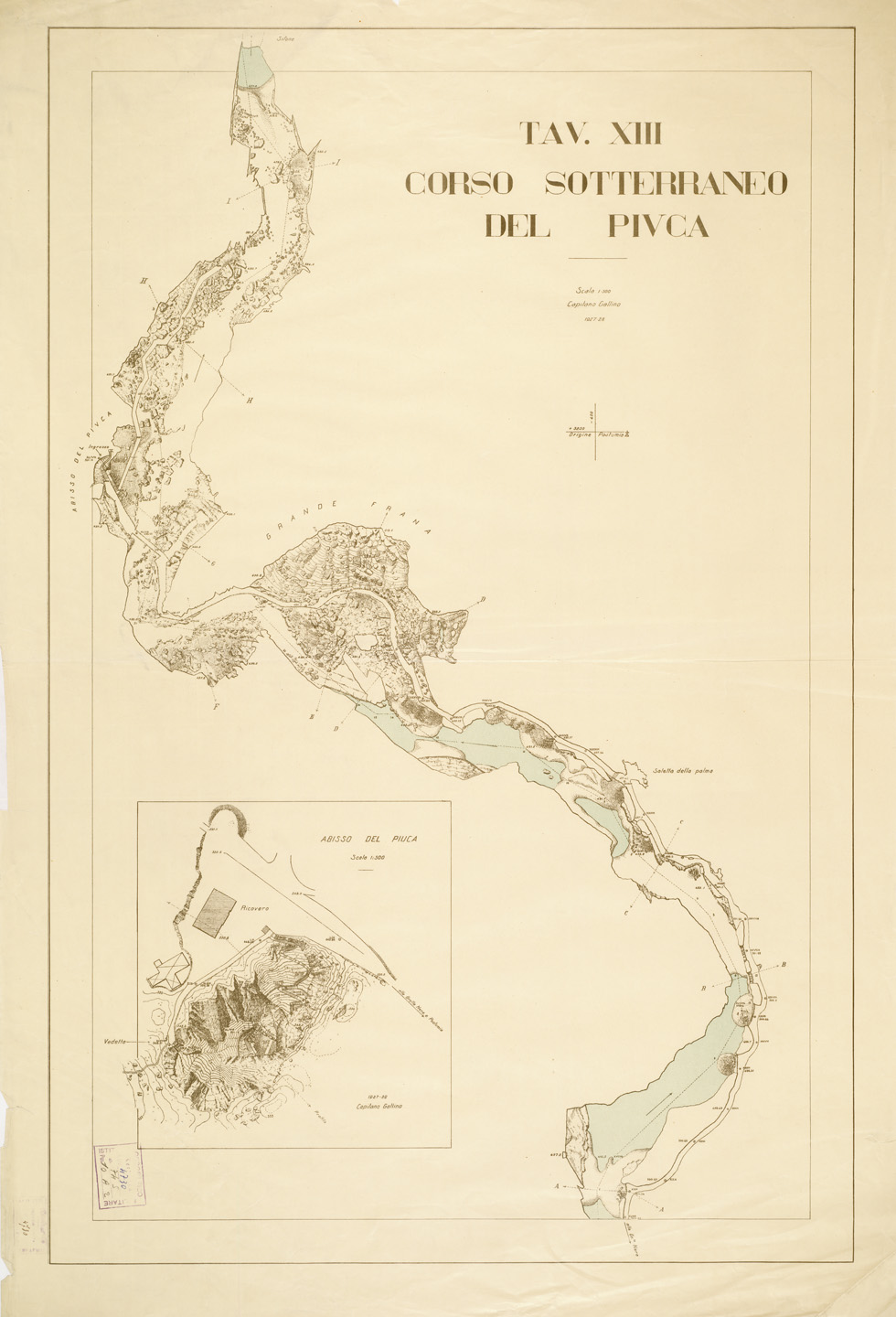 (N:14105) PLANIMETRIA DELLE R.R. GROTTE DI POSTUMIA - Tavola XIII - CORSO SOTTERANEO DEL PIUCA (B0006016) Carte e stampe antiche: riproduzione a colori su carta (formato A1)