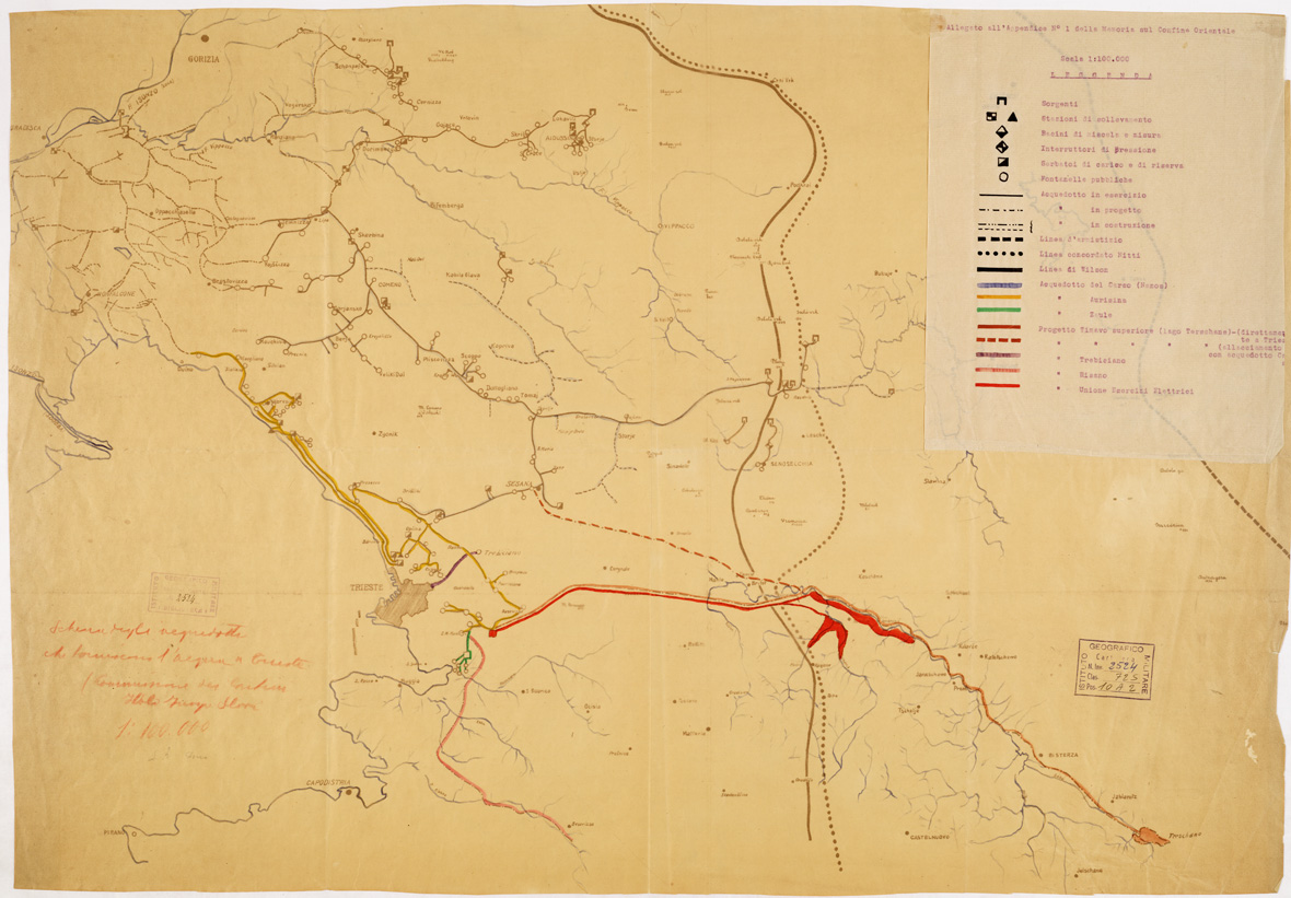 (N:15753) SCHEMA DEGLI ACQUEDOTTI CHE FORNISCONO L'ACQUA A TRIESTE - Legenda (B0006038) Carte e stampe antiche: riproduzione a colori su carta (formato A1)