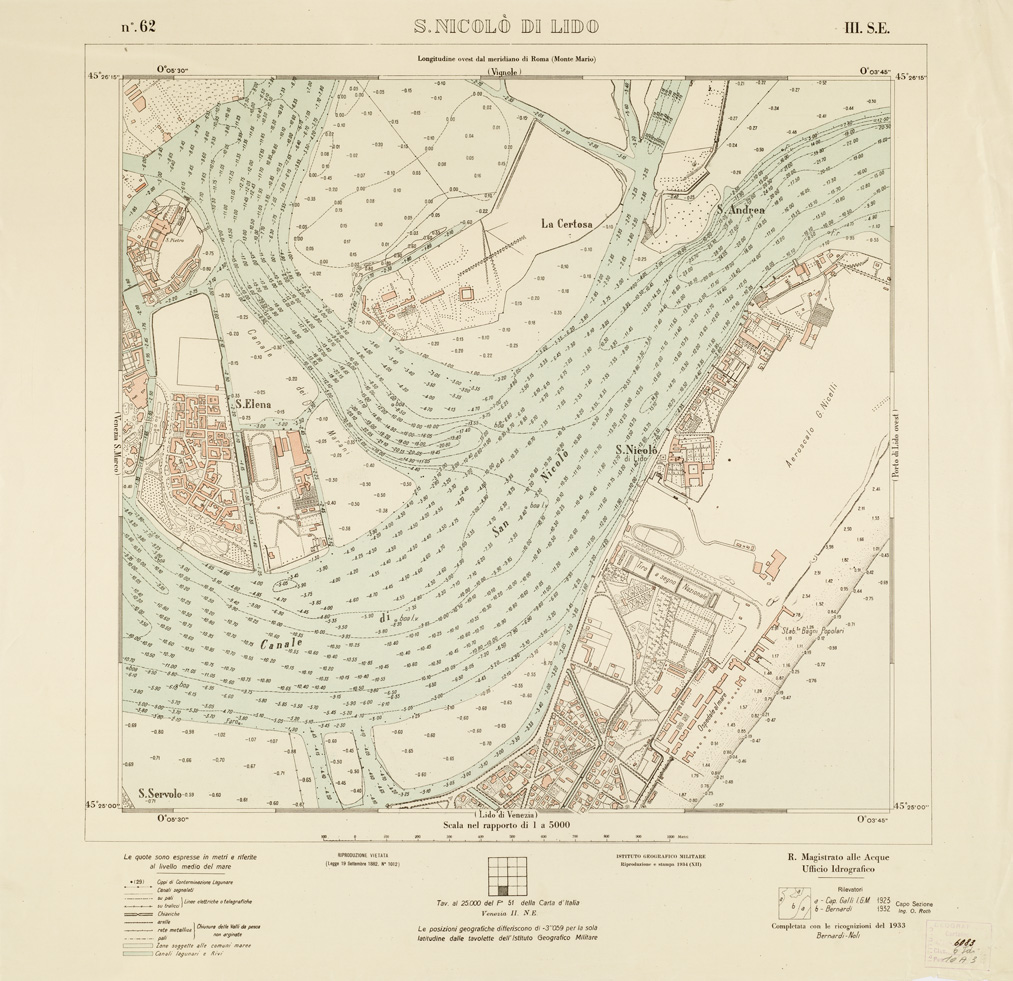 (N:3274) CARTA DELLA LAGUNA VENETA - S. NICOLO' DI LIDO - N. 62 - III.S.E. (B0006107) Carte e stampe antiche: riproduzione a colori su carta (formato A1)