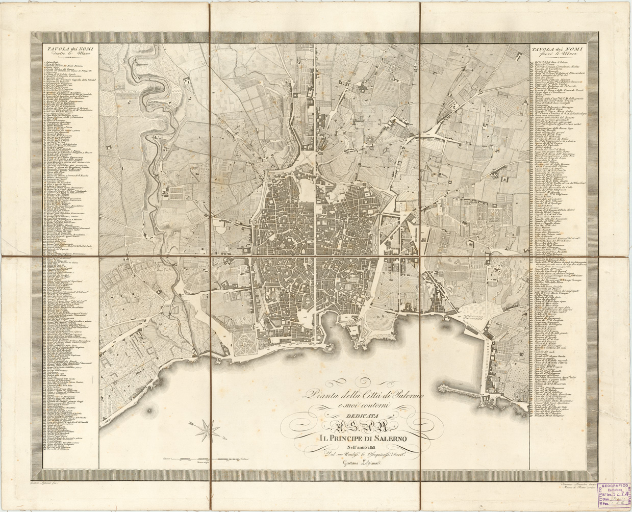 (N:13730) PIANTA DELLA CITTA' DI PALERMO E SUOI CONTORNI .DEDICATA A S.A.R. IL PRINCIPE DI SALERNO NELL'ANNO 1818. DAL SUO UMILISS.O ED OSSEQUIOSS.O SERVITORE GAETANO LOSSIEUX (B0006412) Carte e stampe antiche: riproduzione a colori su carta (formato A1)