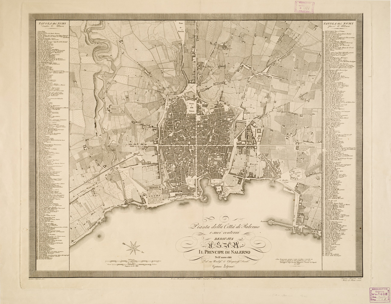 (N:13729) PIANTA DELLA CITTA' DI PALERMO E SUOI CONTORNI DEDICATA A S.A.R. IL PRINCIPE DI SALERNO. NELL'ANNO 1818. DAL SUO UMILISSIMO ED OSSEQUOSISSIMO SERVITORE GAETANO LOSSIEUX, ECC. (B0006413) Carte e stampe antiche: riproduzione a colori su carta (formato A1)