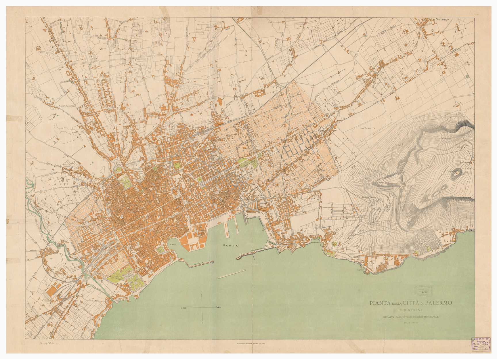 (N:13727) PIANTA DELLA CITTA' DI PALERMO E DINTORNI REDATTA DALL' UFFICIO TECNICO MUNICIPALE (B0006415) Carte e stampe antiche: riproduzione a colori su carta (formato A1)
