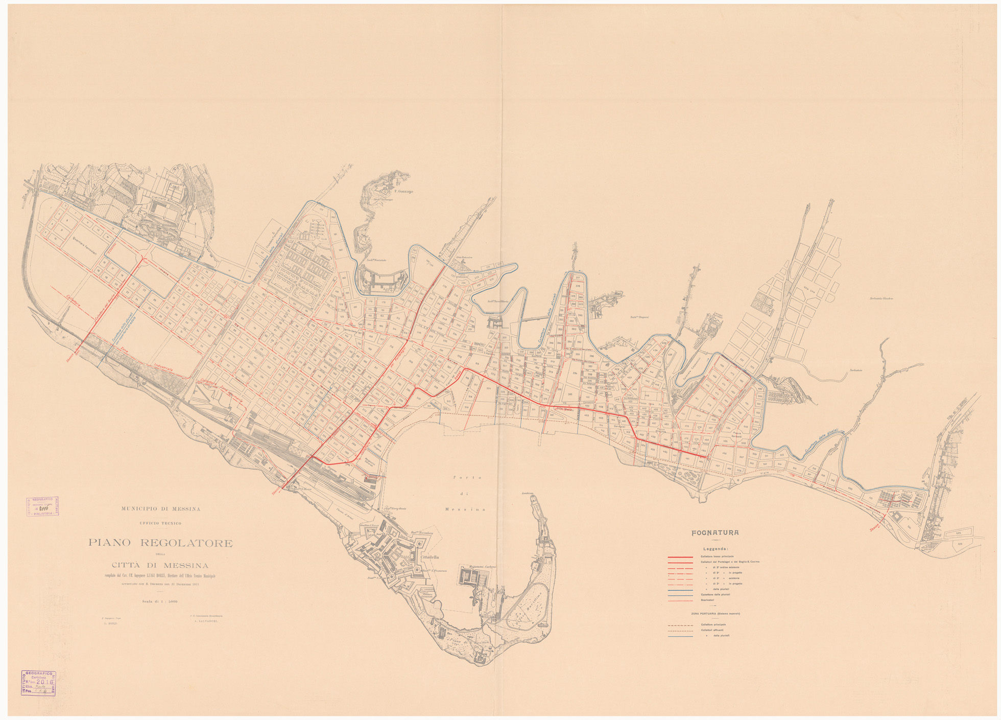 (N:13370) PIANO REGOLATORE DELLA CITTA' DI MESSINA COMPILATO DAL CAV. UFF. ING. LUIGI BORZI, DIRETTORE DELL'UFFICIO TECNICO MUNICIPALE. APPROVATO CON R. DECRETO DEL 31 DICEMBRE 1911 - FOGNATURA (B0006454) Carte e stampe antiche: riproduzione a colori su carta (formato A1)