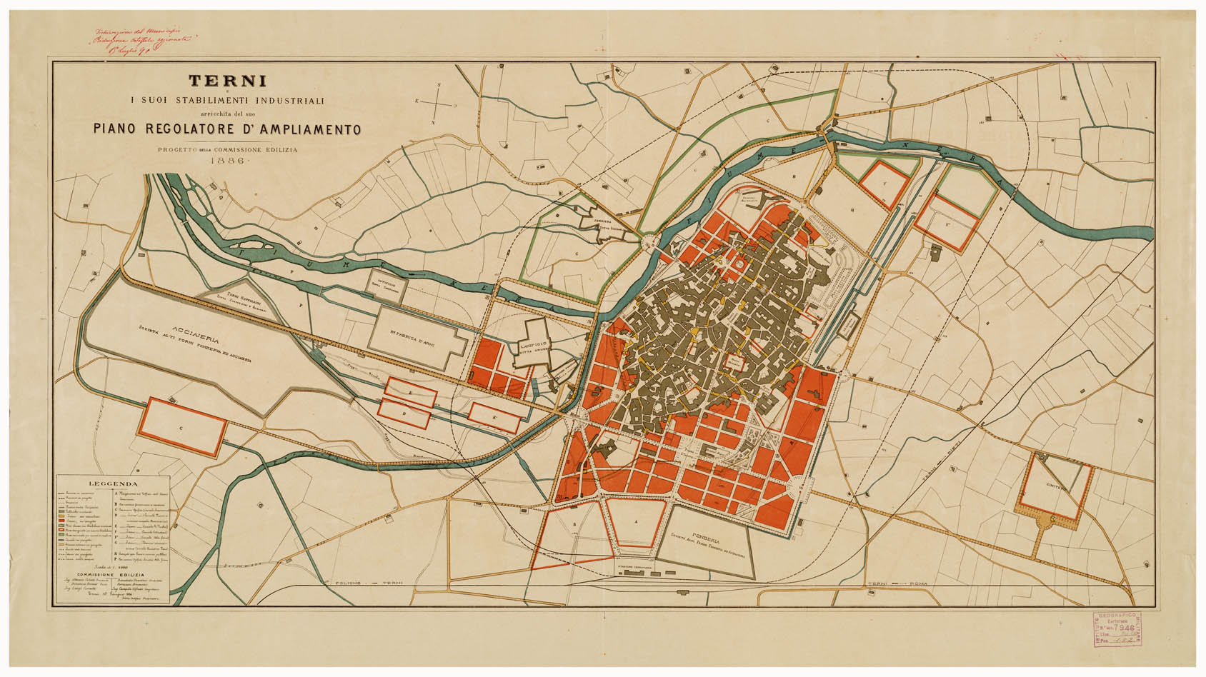(N:16452) TERNI ED I SUOI STABILIMENTI INDUSTRIALI ARRICCHITI DAL SUO PIANO REGOLATORE D'AMPLIAMENTO. PROGETTO DELLA COMMISSIONE EDILIZIA 1886 (B0006742) Carte e stampe antiche: riproduzione a colori su carta (formato A1)