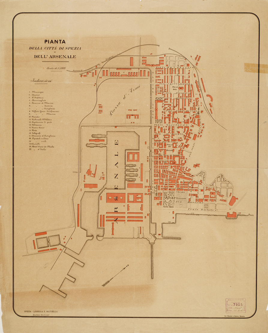 (N:13763) PIANTA DELLA CITTA' DI SPEZIA E DELL'ARSENALE (B0006786) Carte e stampe antiche: riproduzione a colori su carta (formato A1)