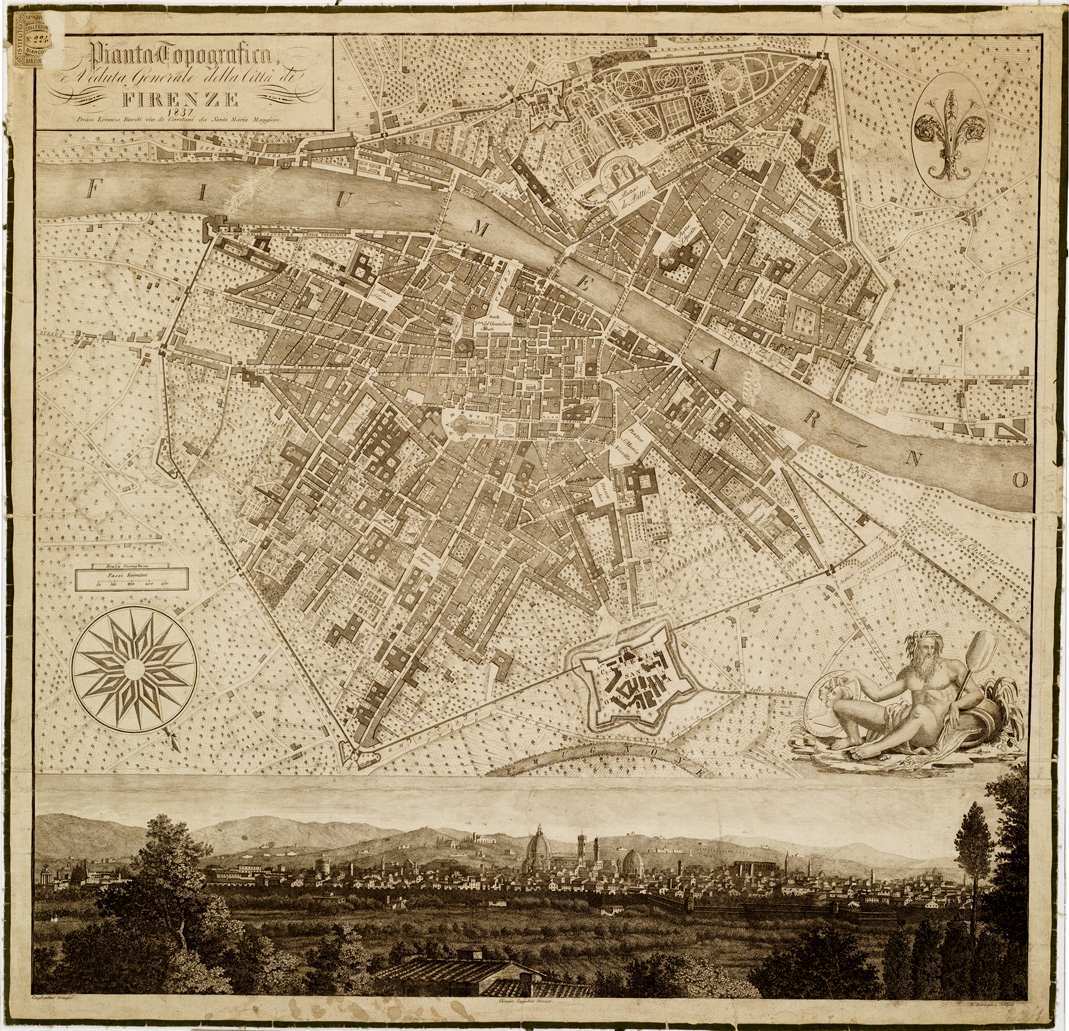 (N:14034) PIANTA TOPOGRAFICA E VEDUTA GENERALE DELLA CITTA' DI FIRENZE PRESSO LORENZO BARDI (B0007107) Carte e stampe antiche: riproduzione a colori su carta (formato A1)