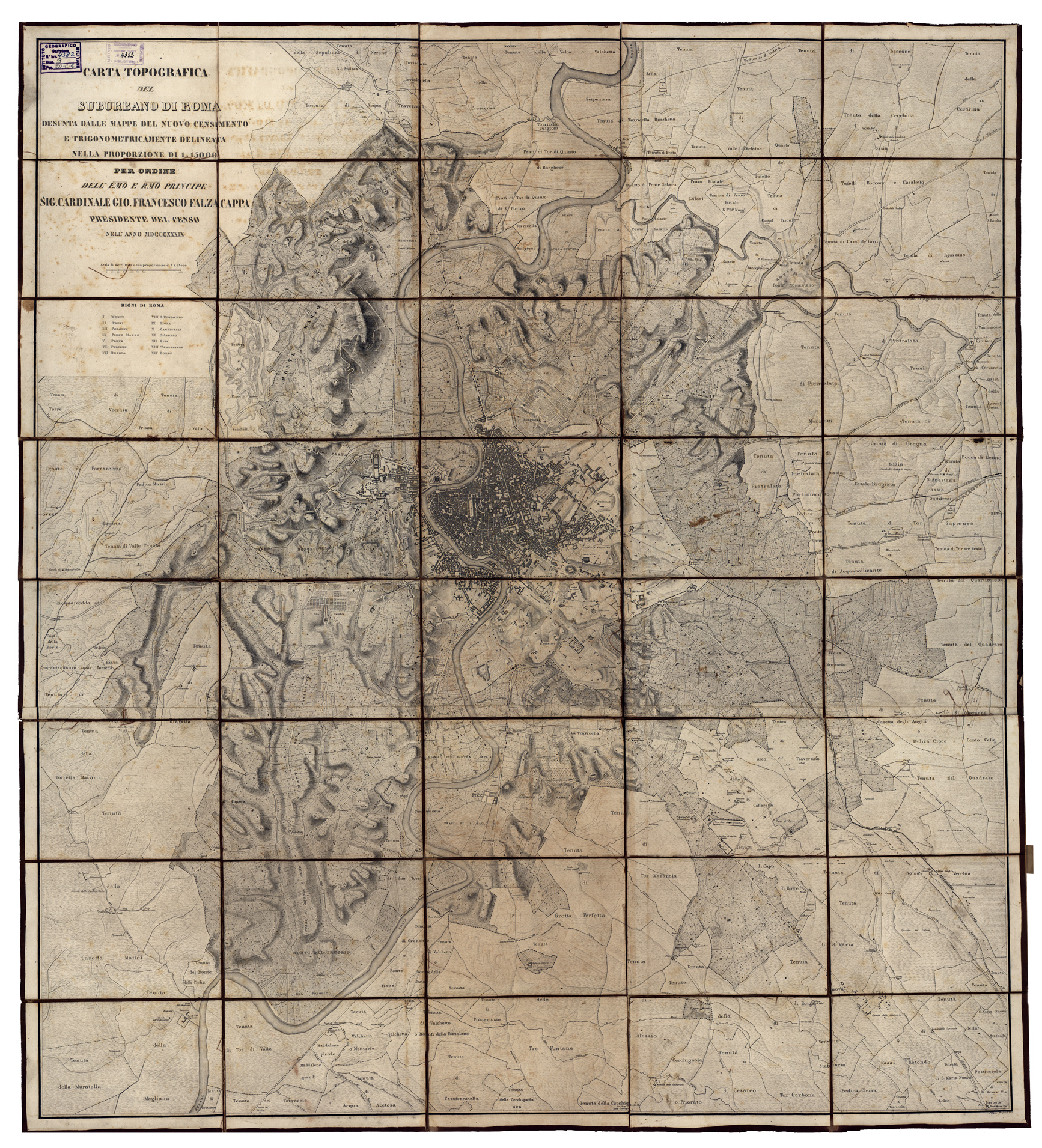 (N:6658) CARTA TOPOGRAFICA DEL SUBURBANO DI ROMA DESUNTA DALLE MAPPE DEL NUOVO CENSIMENTO E TRIGONOMETRICAMENTE DELINEATA NELLA PROPORZIONE DI 1:15.000 PER ORDINE DEL'EMO E RMO PRINCIPE SIG. CARDINALE GIO FRANCESCO FALZACAPPA PRESIDENTE DEL CENSO. (B0007181) Carte e stampe antiche: riproduzione a colori su carta (formato A1)