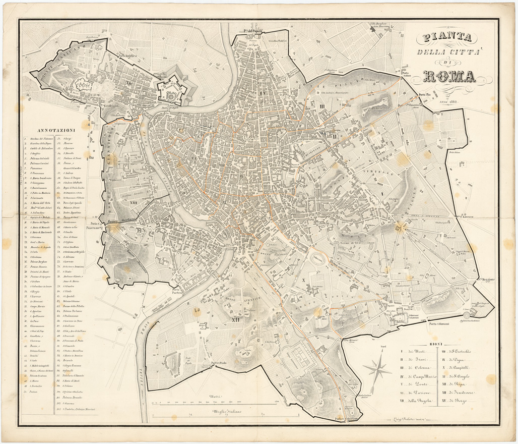(N:13744) PIANTA DELLA CITTA' DI ROMA. ANNO 1862 (B0007192) Carte e stampe antiche: riproduzione a colori su carta (formato A1)