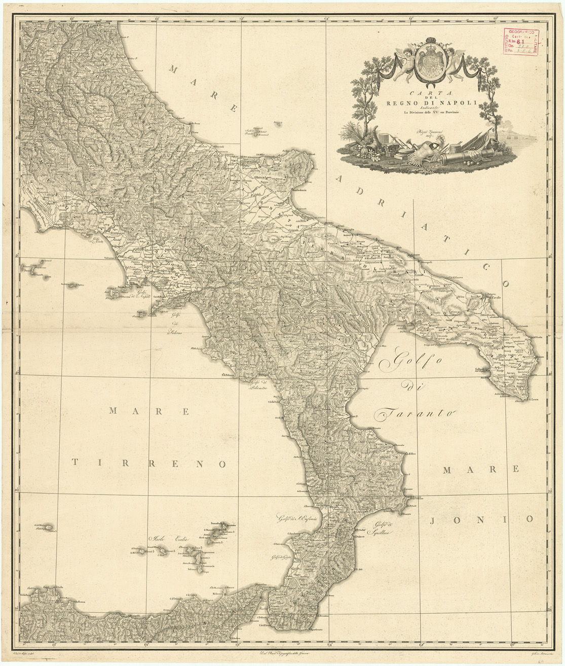 (N:2096) CARTA DEL REGNO DI NAPOLI INDICANTE LA DIVISIONE DELLE XV SUE PROVINCIE (B0007221) Carte e stampe antiche: riproduzione a colori su carta (formato A1)