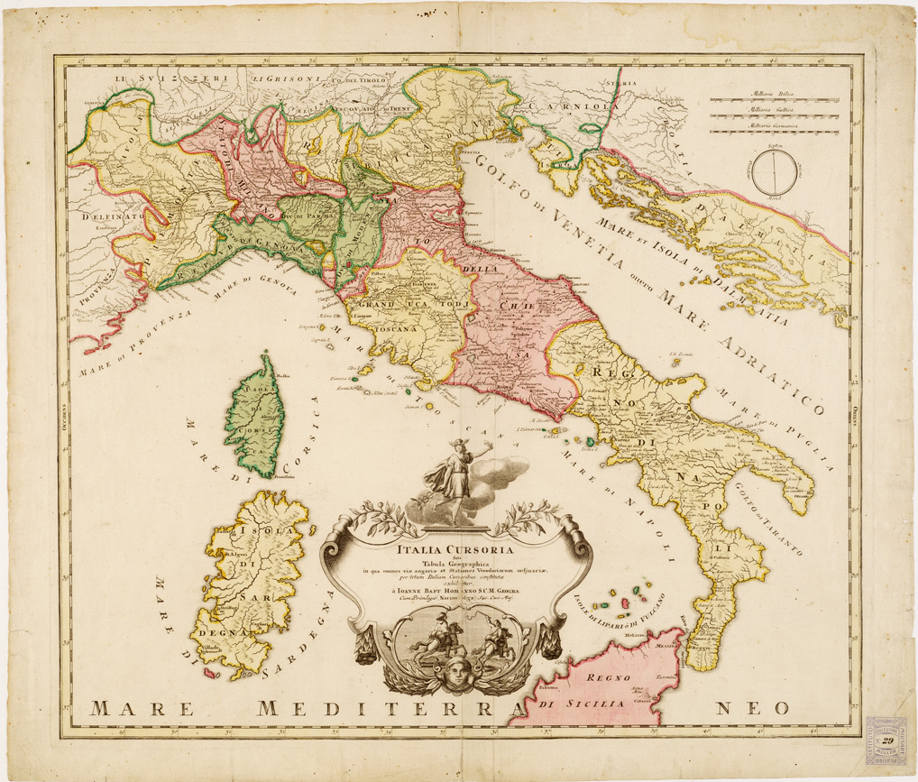 (N:10853) ITALIA CURSORIA SEU TABULA GEOGRAPHICA IN QUA OMNES VIAE ANGARIAE ET STATIONES VEREDARIORUM ORDINARIE, PER TOTAM ITALIAM CURSORIBUS CONSTITUTAE EXHIBENTUR A JOANNE BAPT. (B0007237) Carte e stampe antiche: riproduzione a colori su carta (formato A1)