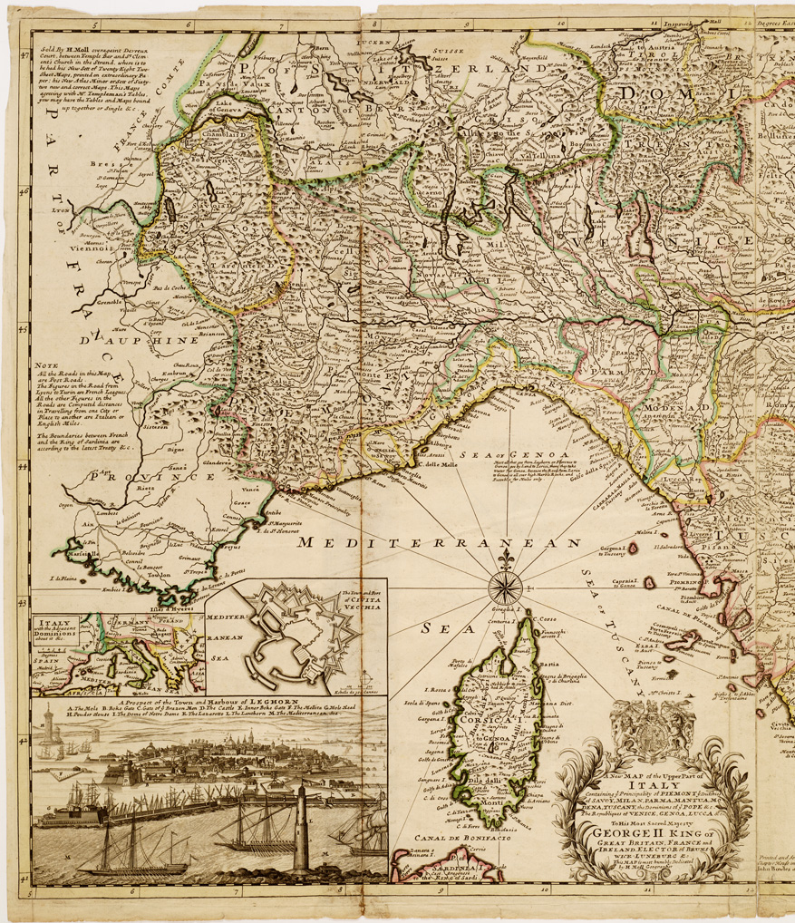 (N:22) A NEW MAP OF THE UPPER PART OF ITALY, BY H. MOLL GEOGRAPHER  - (Italia) (B0007242, B0007243, B7242-43) Carte e stampe antiche: riproduzione a colori su carta (formato A1)