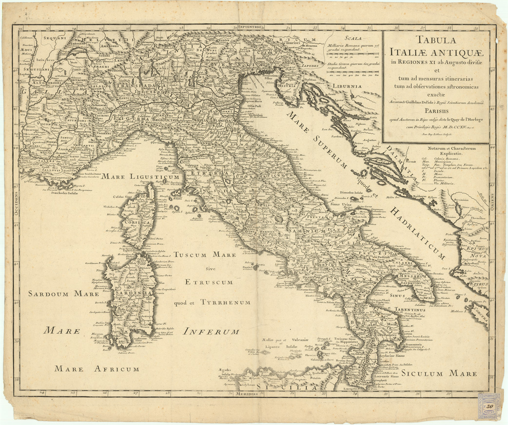 (N:16404) TABULA ITALIAE ANTIQUAE IN REGIONES XI... (ITALIA) (B0007246) Carte e stampe antiche: riproduzione a colori su carta (formato A1)