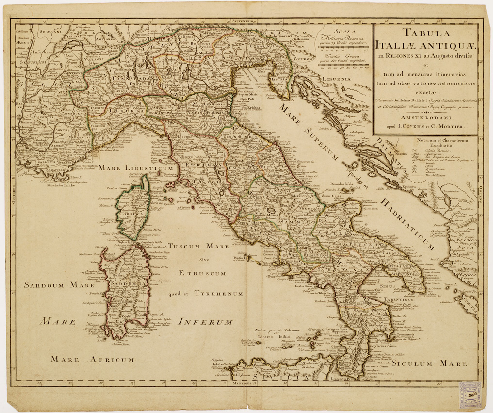 (N:16405) TABULA ITALIAE ANTIQUAE IN REGIONES XI... (ITALIA) (B0007247) Carte e stampe antiche: riproduzione a colori su carta (formato A1)