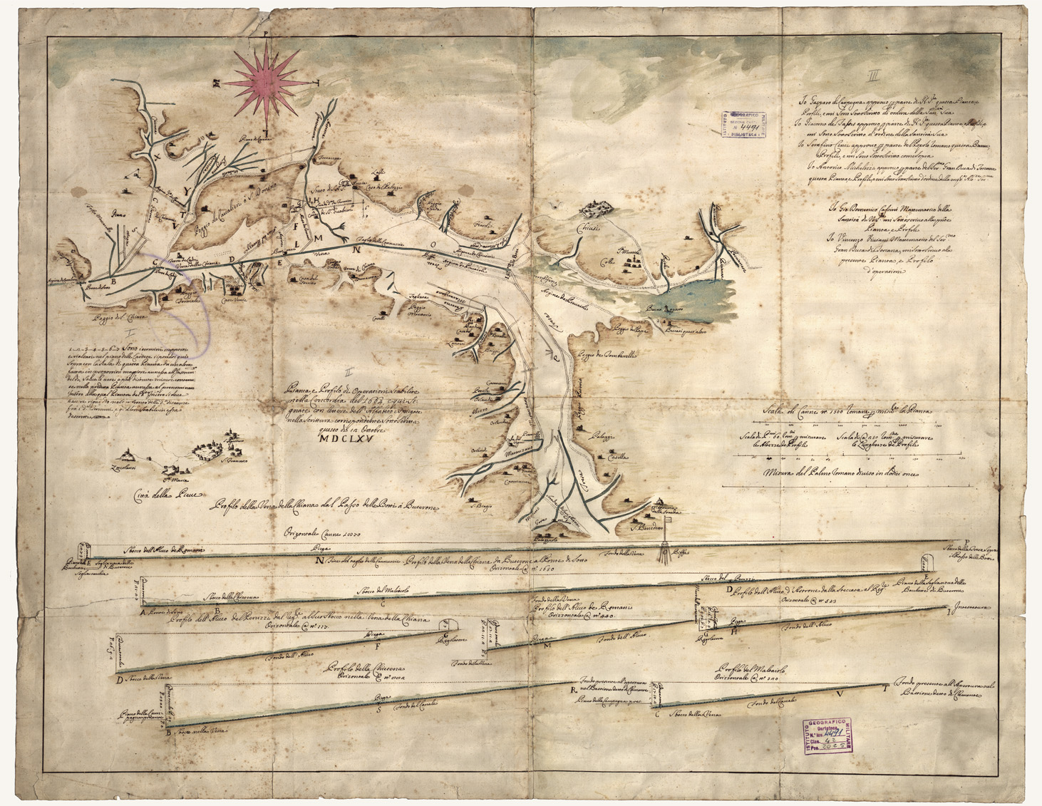 (N:13950) PIANTA E PROFILO DI OPERAZIONI STABILITE NELLA CONCORDIA DEL 1664 E QUI SEGNATE CON LETTERE DELL'ALFABETO E SPIEGATE NELLA SCRITTURA CORRISPONDENTE SOTTOSCRITTA QUESTO DI IN OTTOBRE 1665 - Val di Chiana (B0007254) Carte e stampe antiche: riproduzione a colori su carta (formato A1)